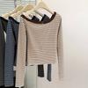 Early autumn real shot diagonal shoulder striped bottoming shirt women's season Spice Girls short slim-fitting long-sleeved T-shirt off-shoulder top