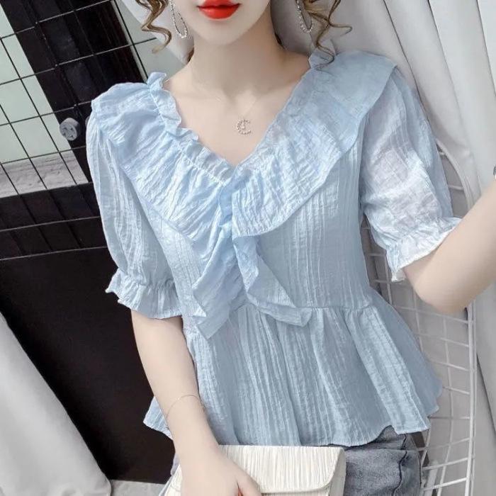 Women's Summer French V-neck Ruffle Puff Sleeve Top – Versatile and Fashionable