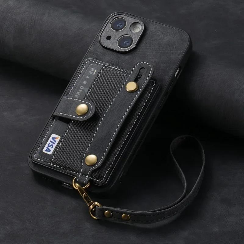 Wrist Strap PU Leather Stand Phone Case for IPhone 13 12 Mini 16 15 14 11 Pro Max XS X XR 8 7 Plus Wallet with Card Holder Cover