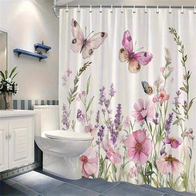 1 Watercolor Butterfly and Blooming Flower Shower Curtain - Pale Pink Roses, Lavender Wildflowers, Soft Grey Butterflies