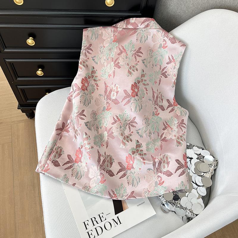 2025 Early Spring Vest Stand-up Collar Peach Blossom Cardigan Retro Design Jacquard Short Vest