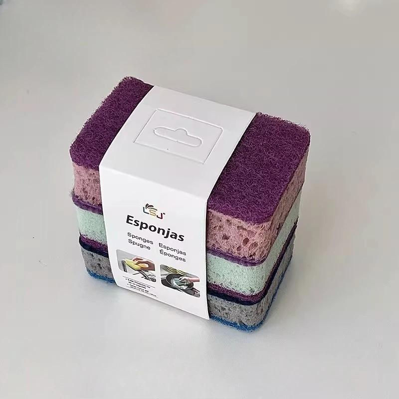 3pcs Thickened High-Density Colorful Sponge Scrubber - Double-Sided Oil-Proof Dishwashing Brush, Durable Kitchen Cleaning Pad