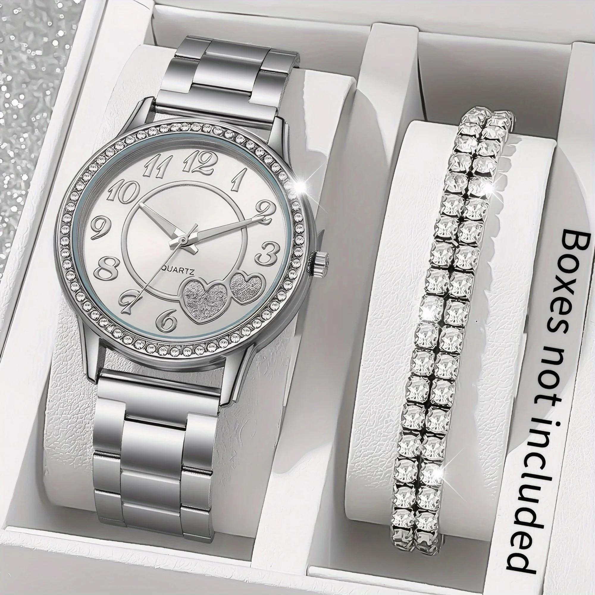

2pcs/set - Fashionable, elegant and minimalist - Women s quartz watch&sparkling bracelet set, circular digital analog dial