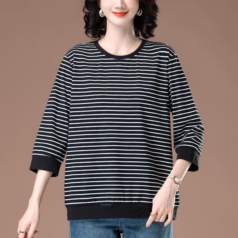 

Women s Plus Size Striped Cotton Mid-Sleeve T-Shirt 5XL