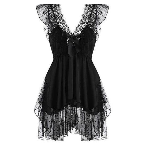 > Polka Dot Mesh Nightgown with Bow Strap - Women's Nightwear Set