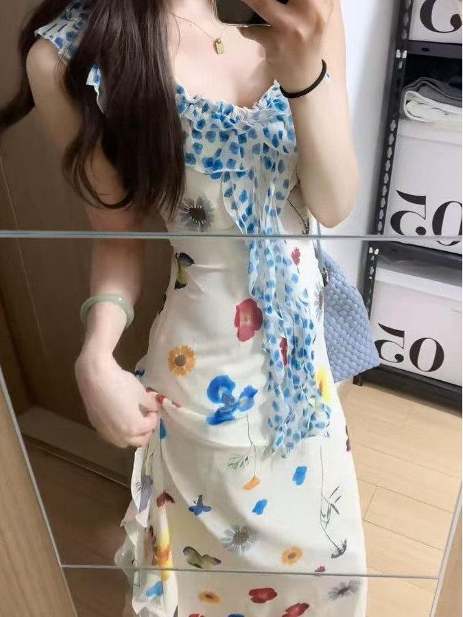 Women's French Floral Puff Sleeve Summer Maxi Dress, Waist-Cinching Beach Vacation Style (2026)