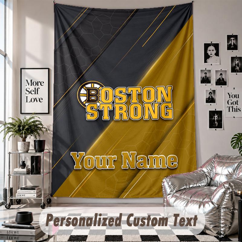 Wall Hanging Tapestry With Custom Name & Text, Boston Bruins Decorative Tapestry For Bedroom