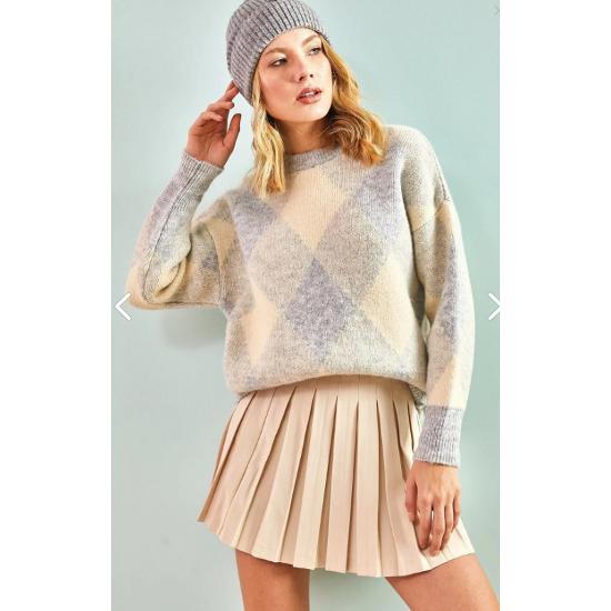 Kadın Kare Desenli Triko Kazak Standart Beden