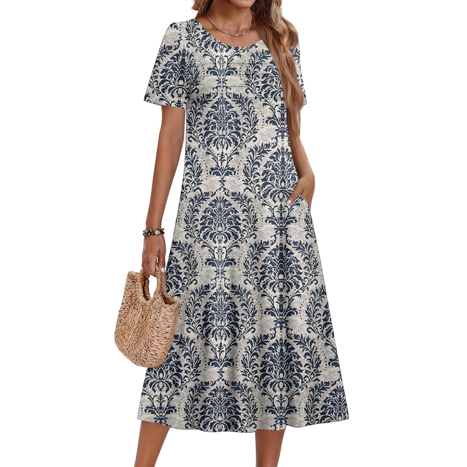 Ladies  Floral Printed Casual And Fashionable Short Sleeved Round Neck Dress XL