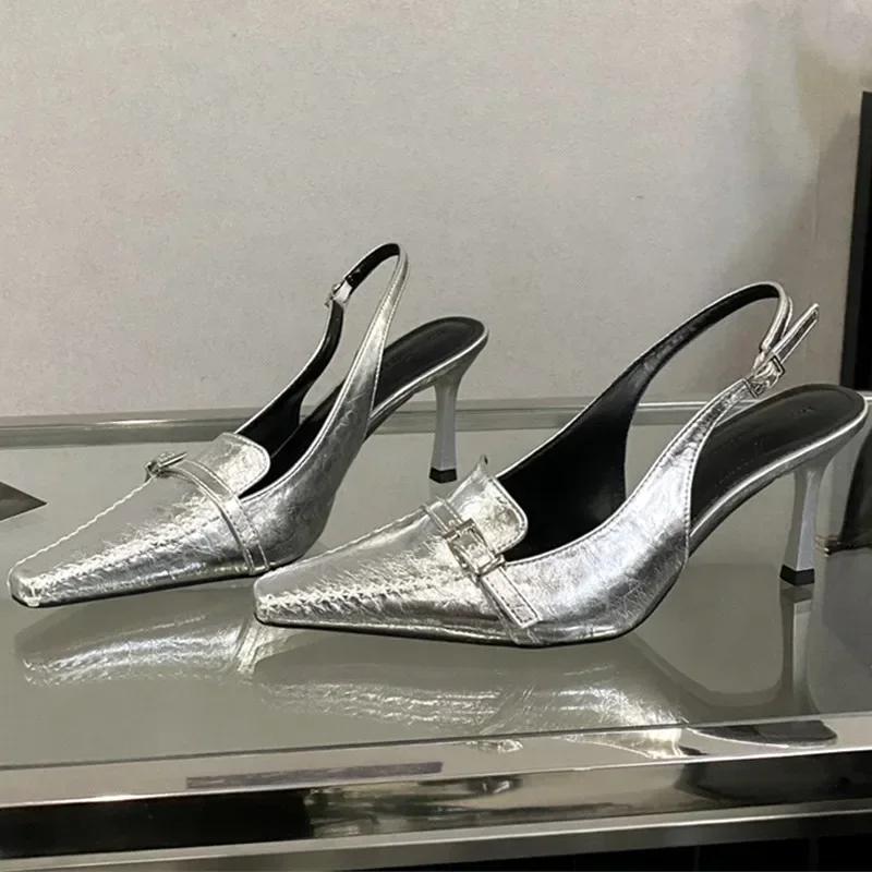 

Высококачественная мягкая кожа Золото Серебро Высокие каблуки Женские Сексуальные Острый носок Украшение ремешком с пряжкой Босоножки на каблуке Офисные женские туфли 35 серебряный
