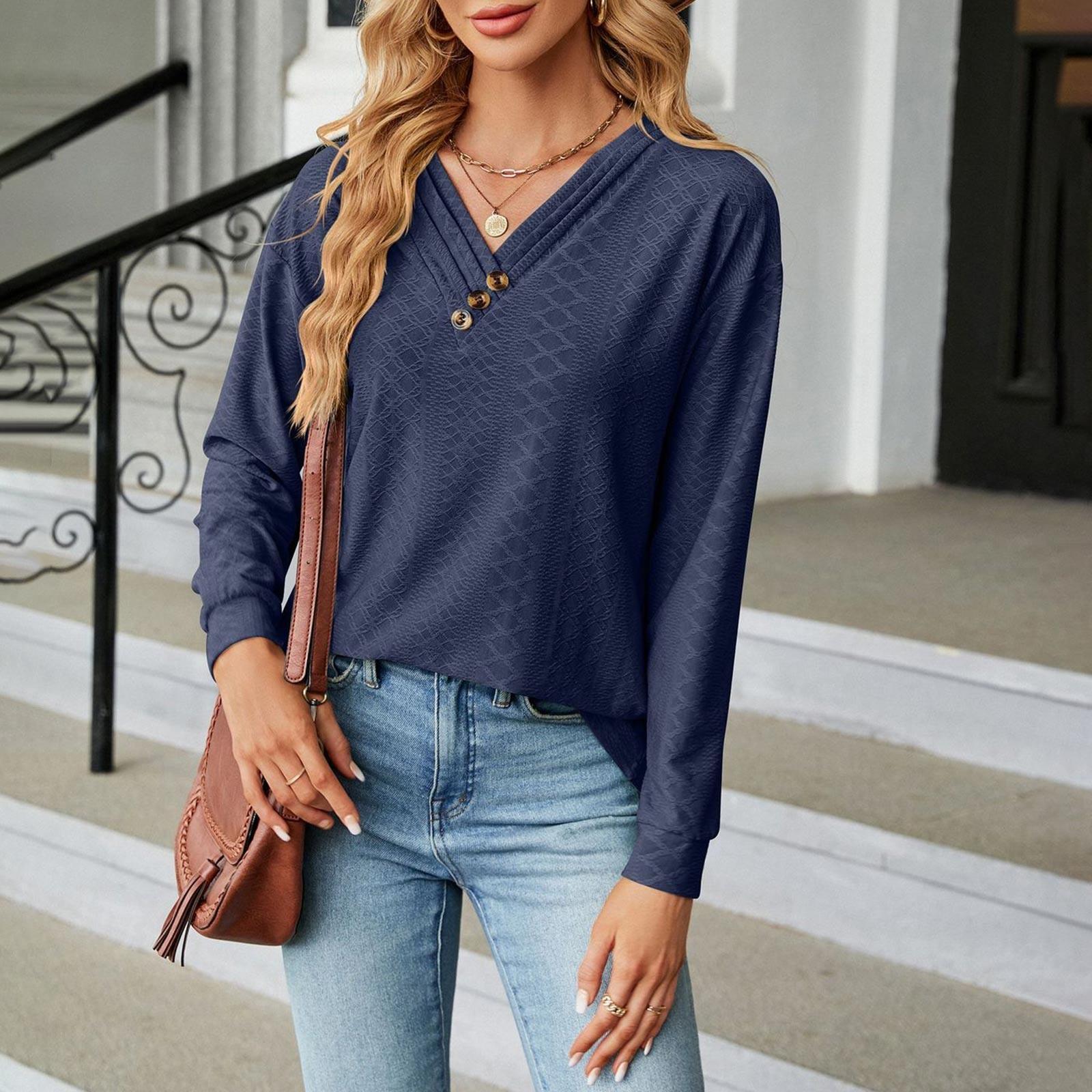 

Women s Fashion Solid Color V-Neck Button Decoration Loose Long Sleeve T-Shirt Top XL Темно-синій