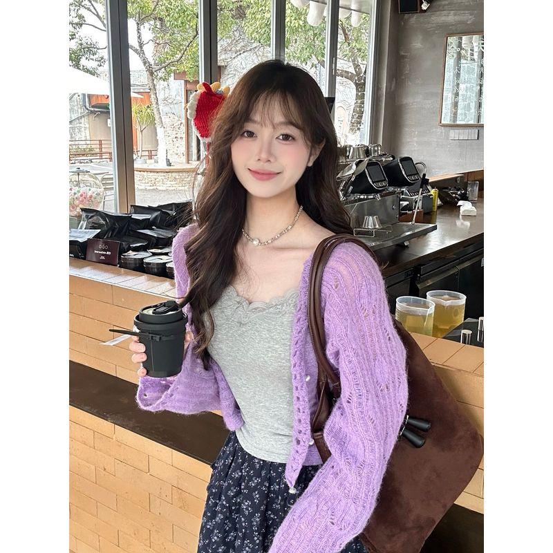 2026 Spring and Autumn New Korean Style Retro Gentle Purple Plus Size Long Sleeve Cardigan Floral Long Skirt Three-Piece Set for Women