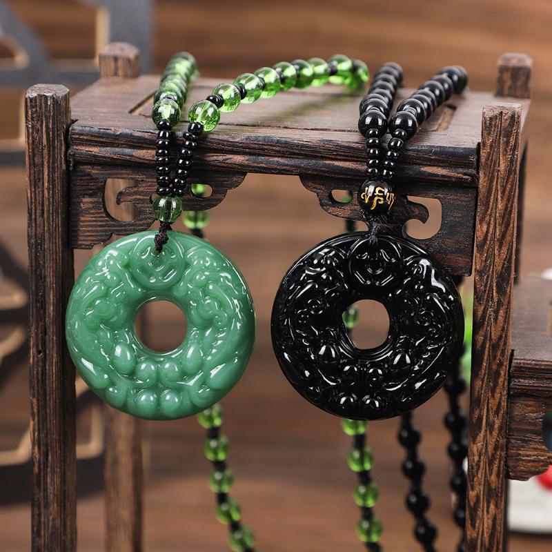 Green Glass Stone Hand-Carved Pendant Necklace Retro Chinese Style Jewelry for Women Men Party Accessory