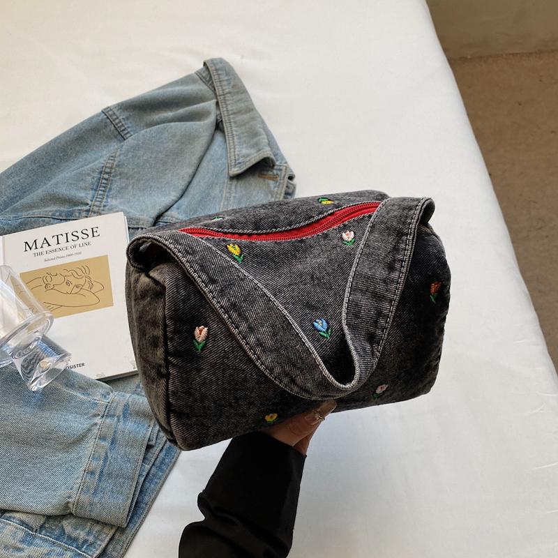 Denim Small Square Bag Flower Embroidery Lightweight Women's Shoulder Bag