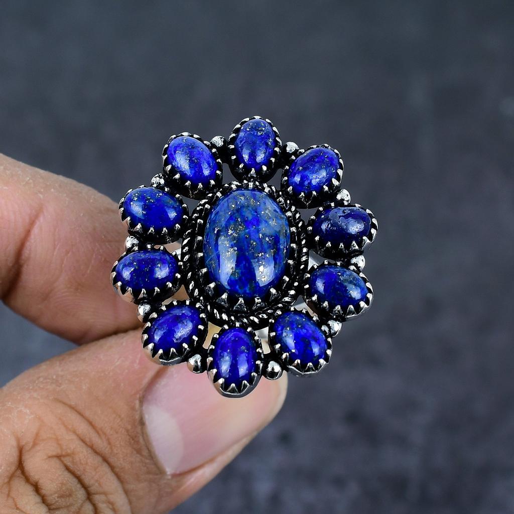 Přírodní Lapis Lazuli Drahokam 925 Sterlingové Stříbro Šperk Prsten Velikost 9.5 m2q80