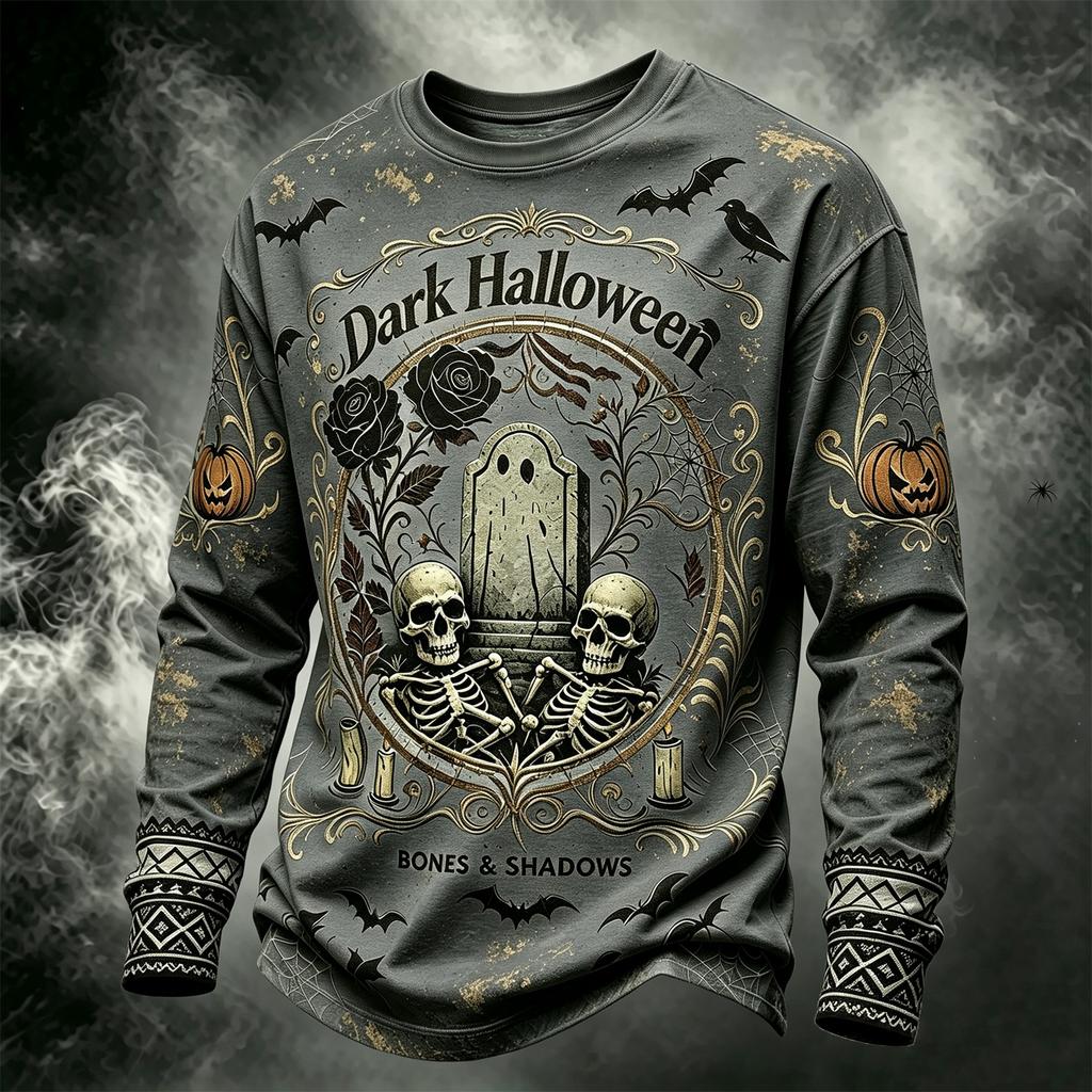 Men's Casual Long Sleeve Round Neck Top with Halloween Print for Seasonal Wear