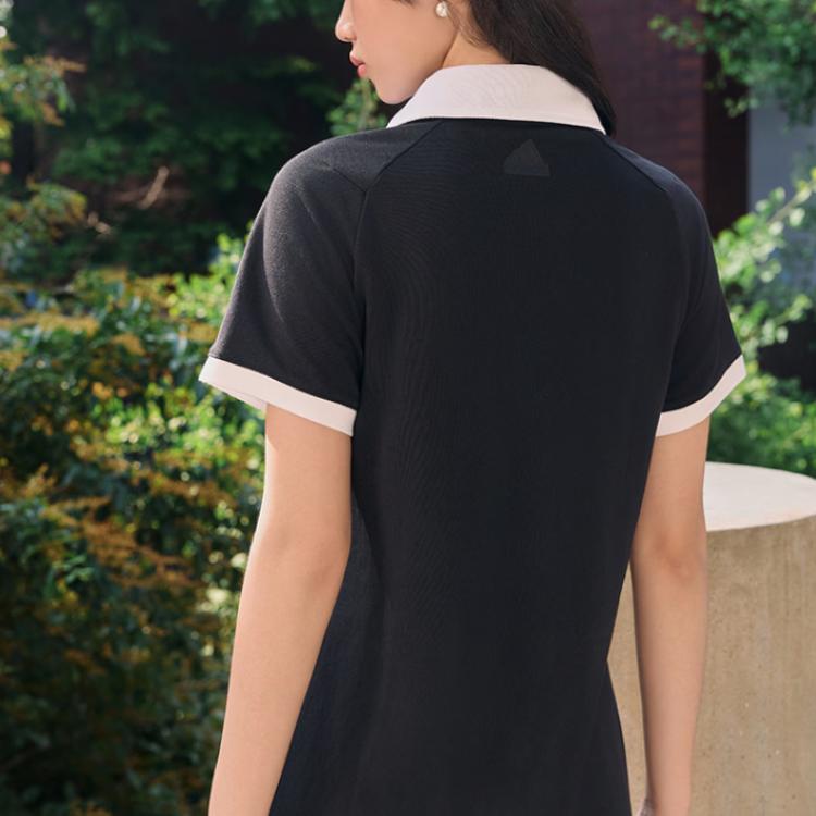 Adidas Verbiage Colorblock Print Collar Short Sleeve Dress Women Dress Black JD1154