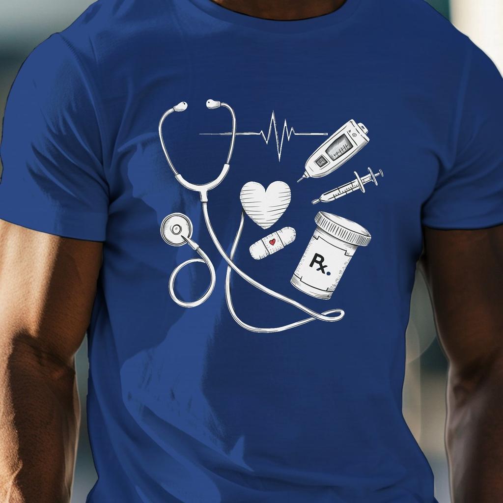 Medical Stethoscope Heartbeat Syringe Nurse Graphic Tee Mens Casual Short Sleeve Cotton TShirt