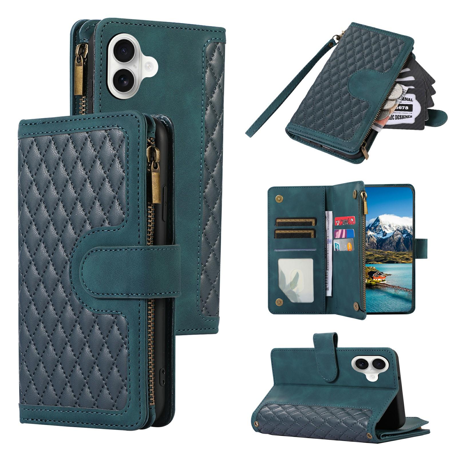 

For iPhone 16 Case 9 Card Slots Rhombus Design Leather Phone Cover with Wrist Strap Green