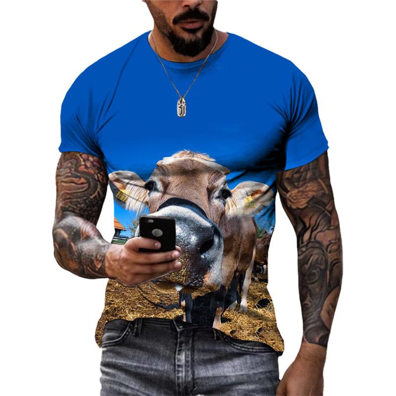 New 3D Funny Animal Cattle Graphic T Shirts Summer Men Fashion Personality Interest Printed Round Neck Short Sleeve Tees Tops