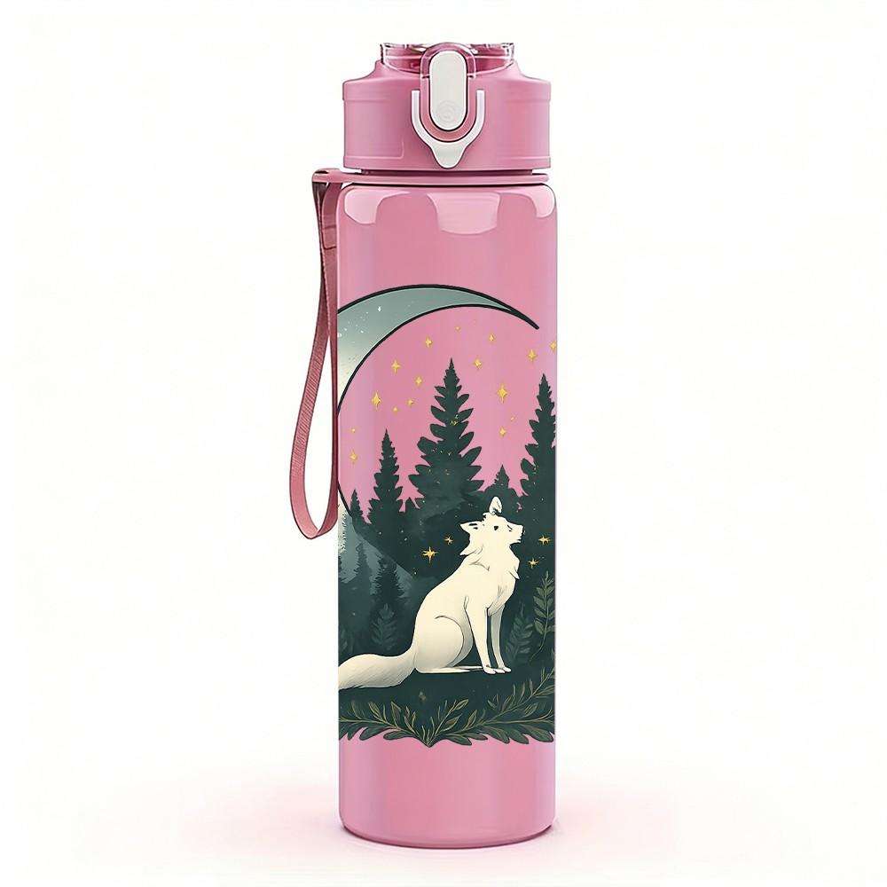 1PC Wolf Moon Forest Silhouette 750ml Color Plastic Sports Water Bottle Leakproof Flip Straw Lid Suitable for Sports Office Home Use