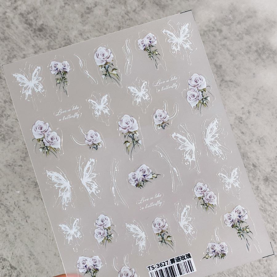 Crystal White Flower Leaves Petal Wet garden Spring Charming Elegant 5D Nail Art Stickers Rhinestone Adhesive Manicure Decals
