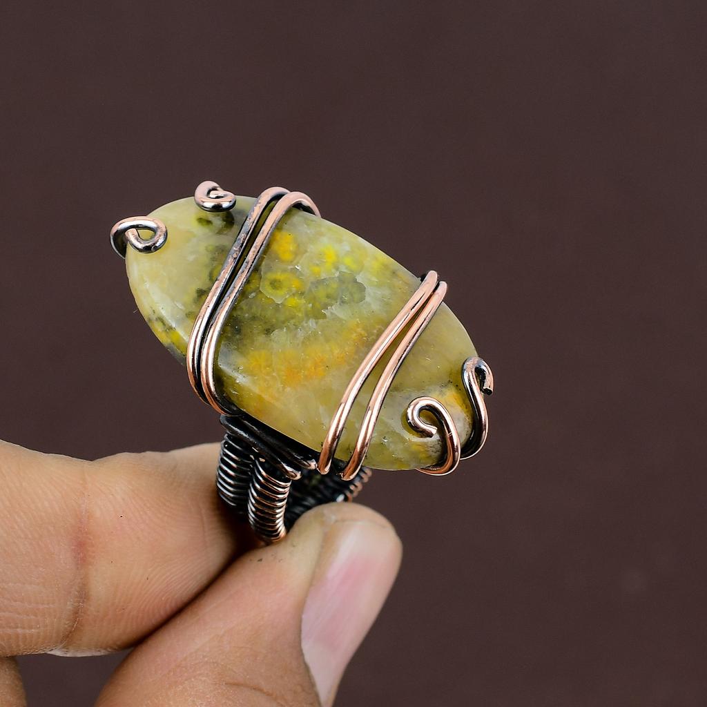 Natural BumbleBee Jasper Gemstone Handmade Copper Wire Wrap Ring Size 5 b7D60