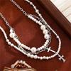 Goth Pearl Cross Necklaces for Women,Retro  Crystal Crucifix Pendant Choker Necklace,Chunky Pearl Beaded Stackable Necklaces Baptism Gifts