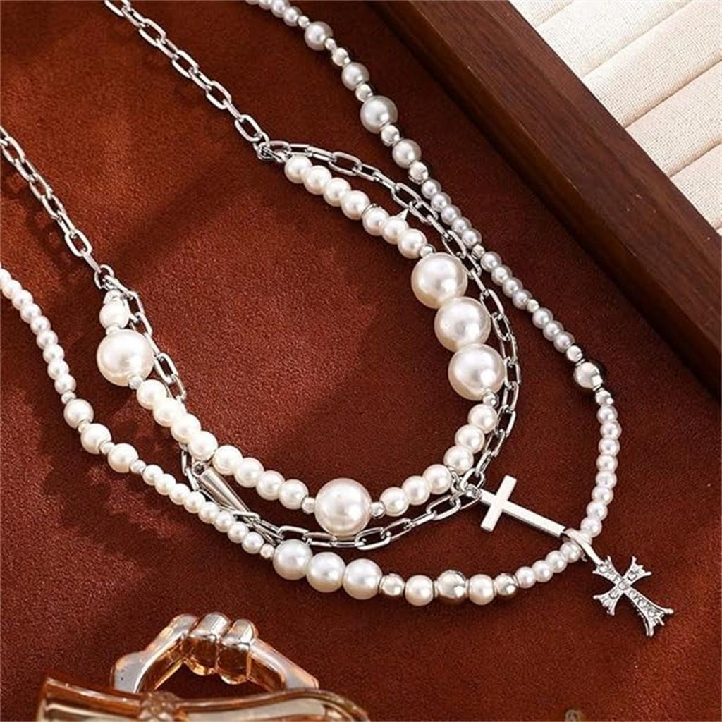 Goth Pearl Cross Necklaces for Women,Retro  Crystal Crucifix Pendant Choker Necklace,Chunky Pearl Beaded Stackable Necklaces Baptism Gifts