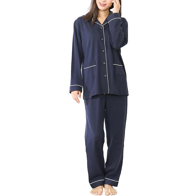 

[Nishiki] pajamas ladies long sleeve 100% cotton smooth material skin-friendly Front opening top and bottom set long pants spring autumn room wear