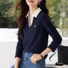 Casualowy T-shirt z kontrastowym kołnierzykiem polo, luźny, jesienny, z haftem, modny, z długim rękawem, kontrastowy top bazowy dla kobiet, T-shirty damskie