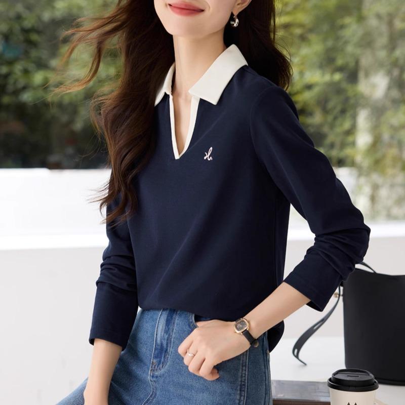 Casualowy T-shirt z kontrastowym kołnierzykiem polo, luźny, jesienny, z haftem, modny, z długim rękawem, kontrastowy top bazowy dla kobiet, T-shirty damskie