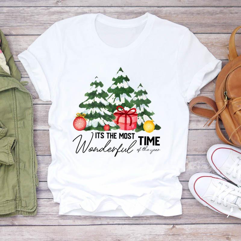 Casual Leopard Merry Christmas Tree Graphics Women T-Shirt 90S Kids Summer Shirts Loose White Female Tops Cute Children Clothes