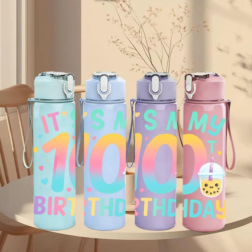 1PC It Is My 10th Birthday Color Print 750ml Color Plastic Sports Water Bottle Leakproof Flip Straw Lid Suitable for Sports Office Home Use