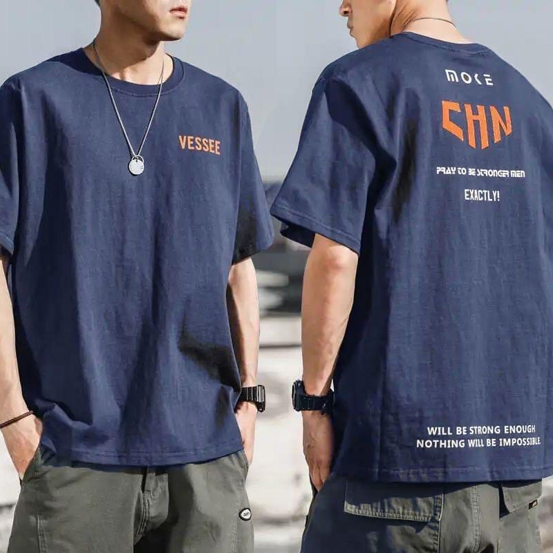 Summer Blue Pure Cotton Short Sleeved T-shirt Men's American Loose Oversized Ins Trendy Half Sleeved Japanese Letter Youth T-shirt