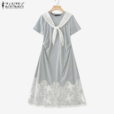 Women Casual Round Neck Summer Short Sleeve Lace Splice Dress