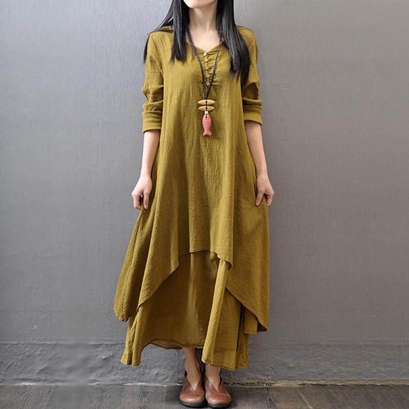 Spring Summer Irregular Button Women Cotton Linen Dress Korean O-Neck Short Sleeve Loose Solid Midi Dresses