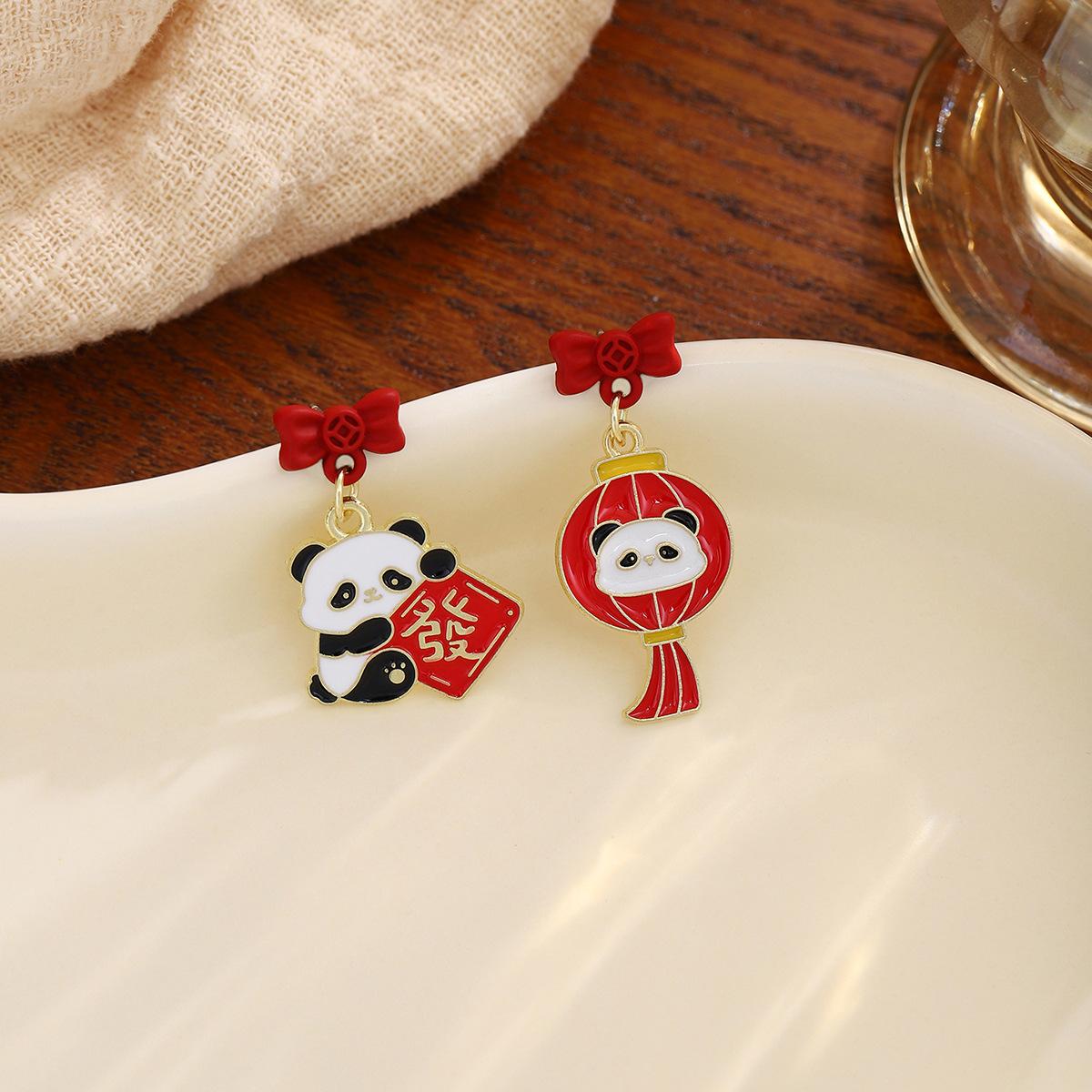 

New Year S Chinese Knot Lantern Cute Panda Earrings, Chinese Style Gong Xi Fa Cai Lucky Bag Pearl Earrings Women