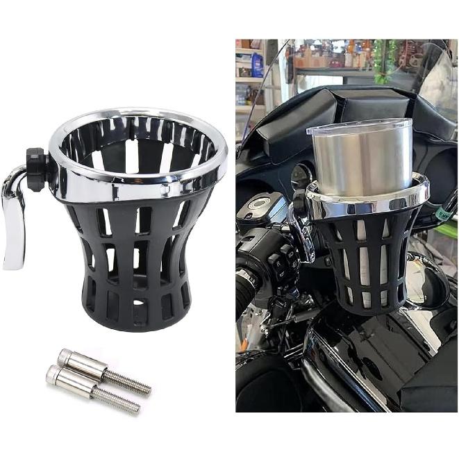Motorcycle Handlebar Drink Cup Holder Plated And Rubber Chrome/Black Mount For Harley Davidson Passenger Water Bottle Holder With Mesh Basket For