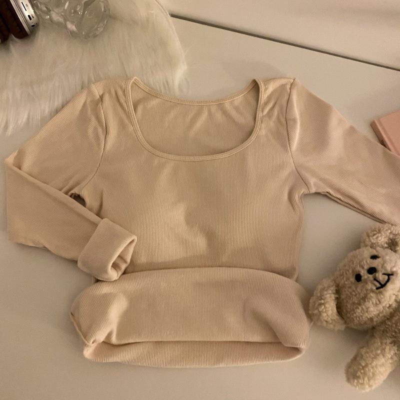 

Женская термофутболка с длинным рукавом 2023 года с нагрудными вкладышами - Теплый, утолщенный базовый слой для осени/зимы. One Size абрикосовый