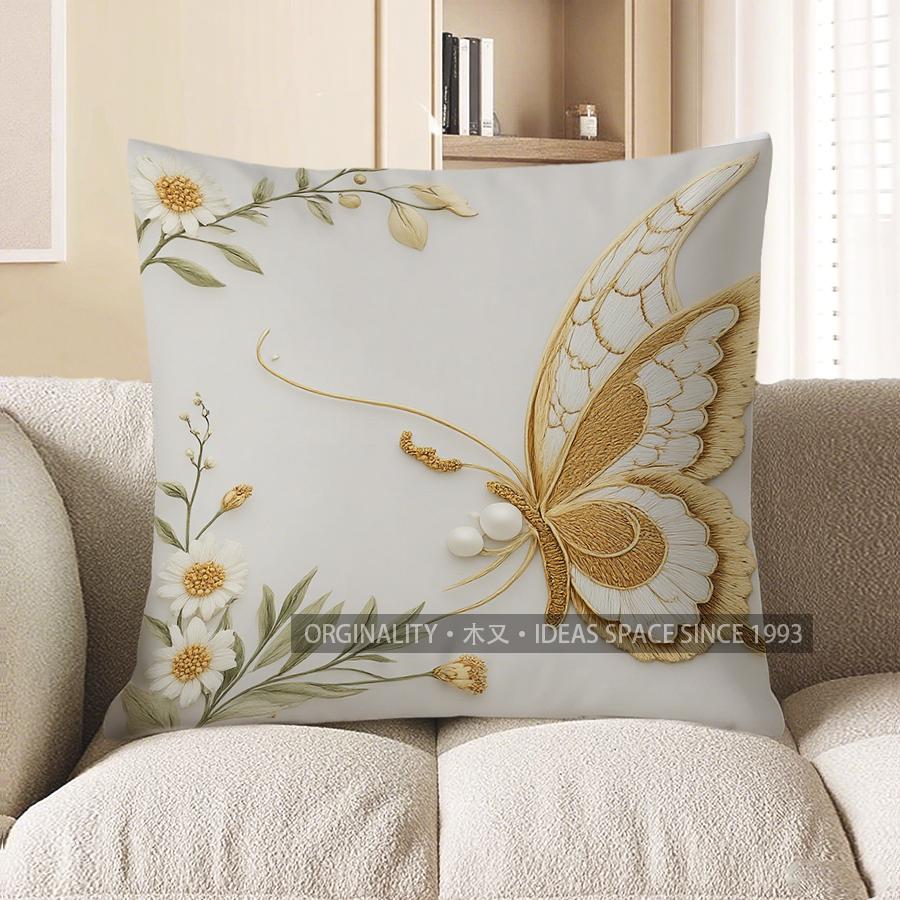 

Home Decor Golden Butterfly & Floral Patterned Pillow Cover Pattern Cushion Cover Suitable For Sofa Bedroom Car Pillow Cover 40x40cm