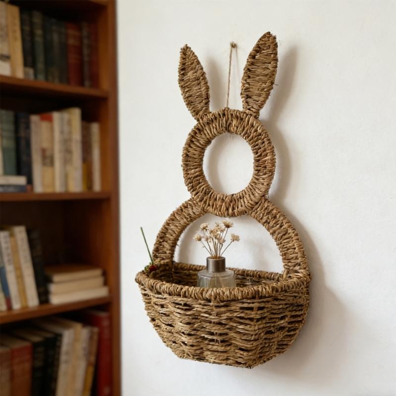 Handwoven Rabbits Ear Shape Flower Basket Natural Rattan Breathable Flower Holder for Home Decors and Storage