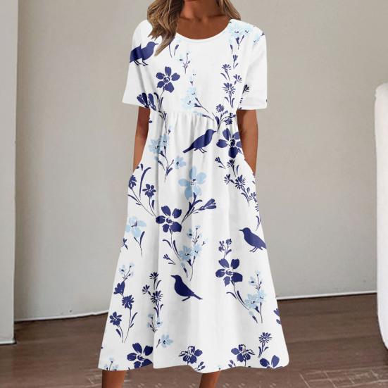 Women Summer Dress Round Neck Loose Fit Flower Print Wide Hem Short