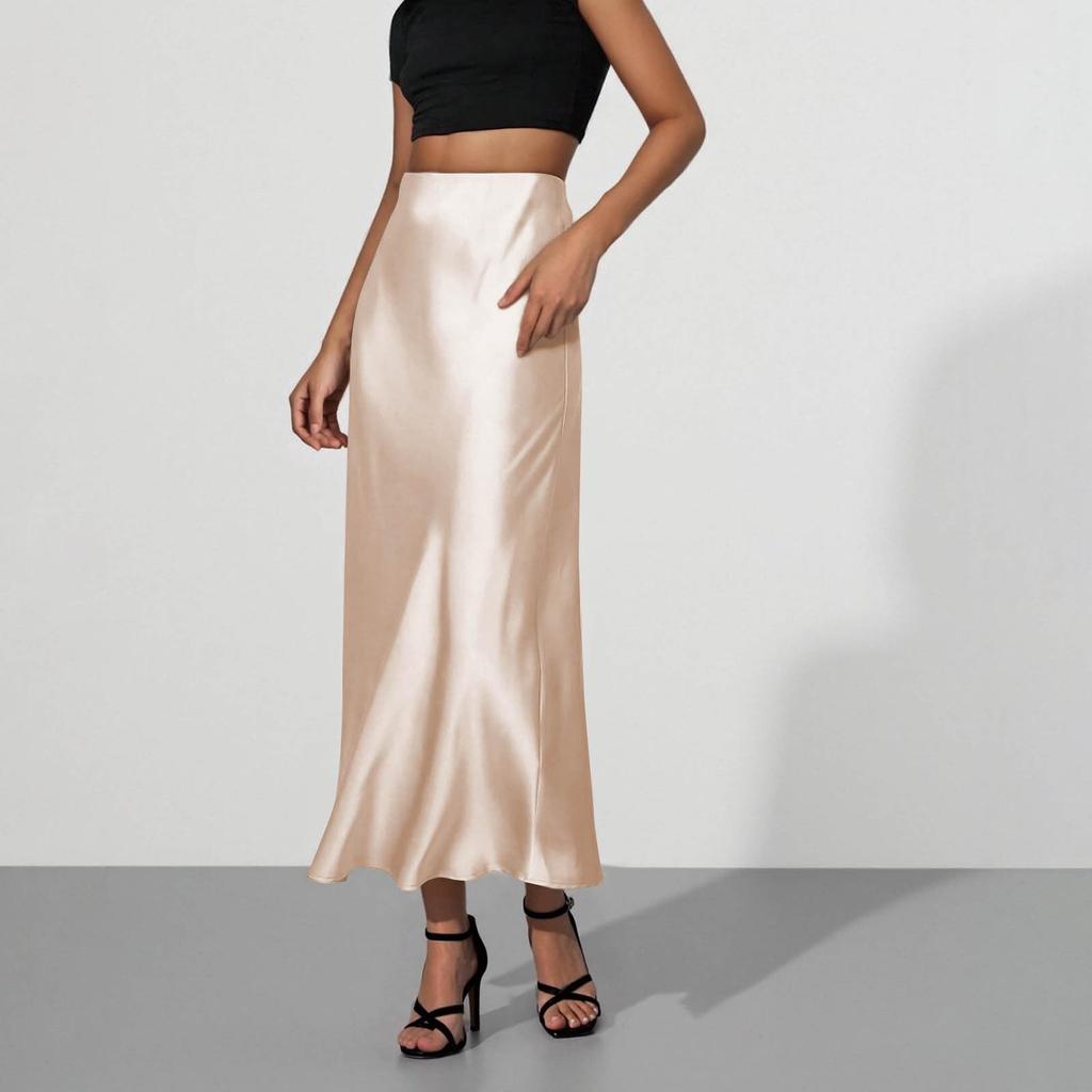 Stylish And Elegant Silky Satin Midi Skirt, Versatile, Slimming And Flowing Bodycon Maxi Skirt For Women.