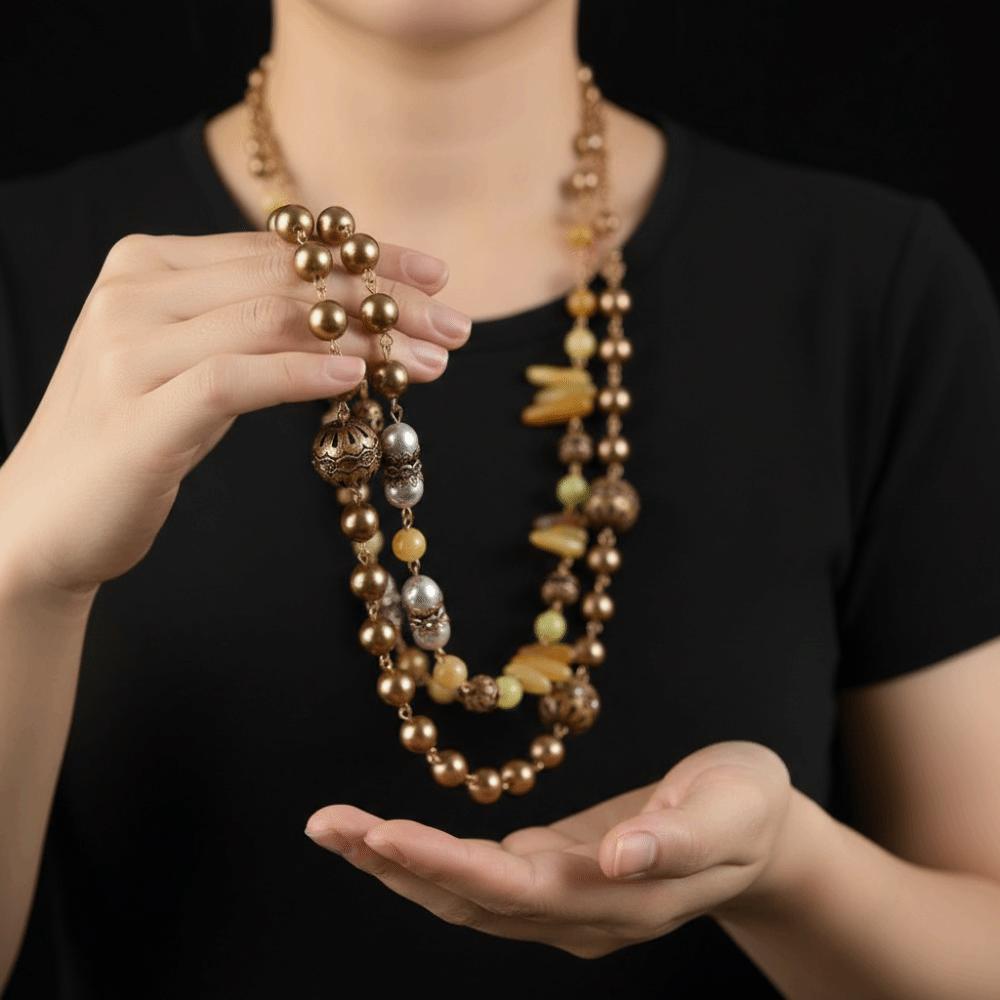 Pearl and Shell Beaded Long Necklace Vintage Three Layers Necklace Antique Necklace  Women Girls