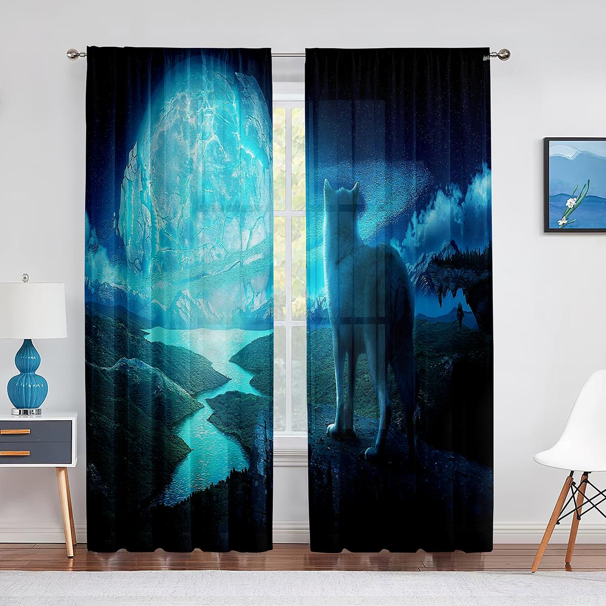 

Forest Animal Wolf Fantasy Pattern Tulle Curtains perfect ideal Living Room Chamber Space Decor Food Prep Area Window Sheer Voiles Curtain 2panels (W50H130cm)-2pcs&Hook