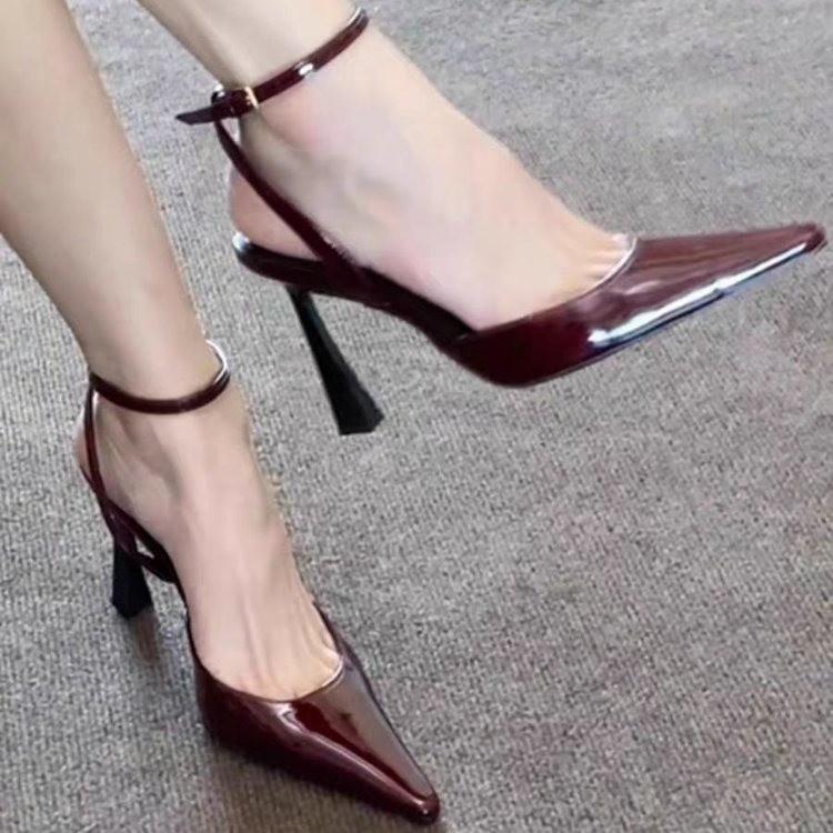 2025 spring and summer new imperial sister fan solid color fashion with pointed head bag head thin heel word belt hollow high heels women