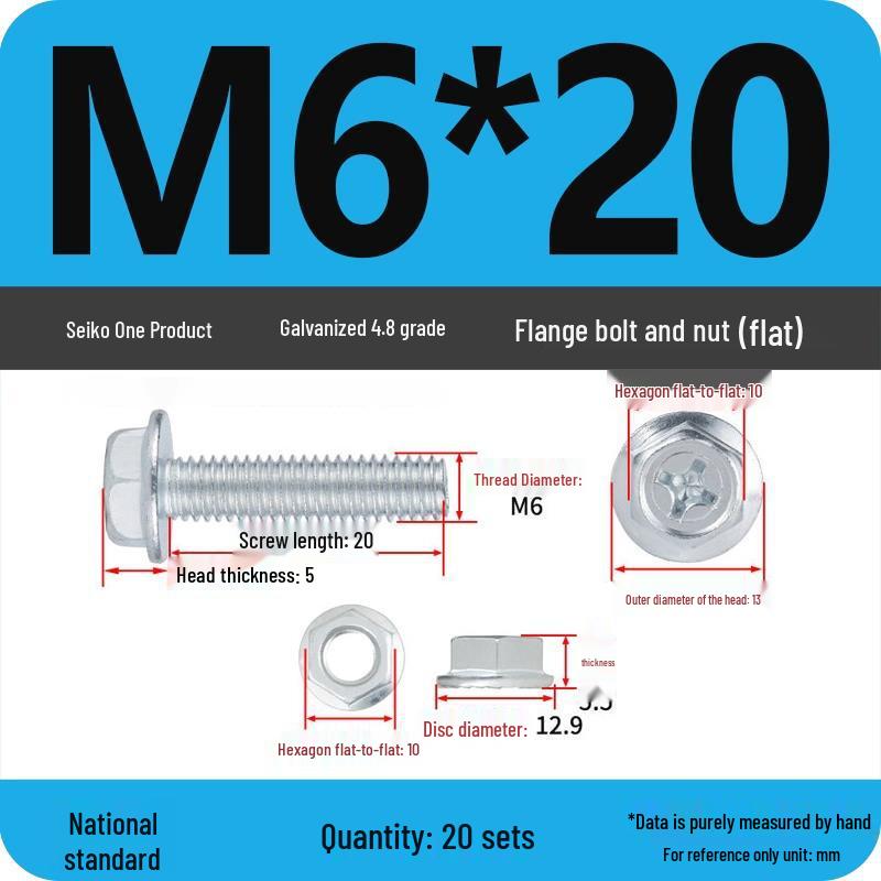 4.8 Grade Galvanized Hex Bolt Set with Anti-slip Washer & Nut, Cross Flange Head, M4/M5/M6/M8mm