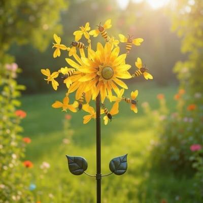 Outdoor Wind Spinner 27" Metal Sunflower Bees Rotating Windmill with Stake Kinetic Wind Sculptures for Outdoor Yard Patio Balcony Courtyard Garden