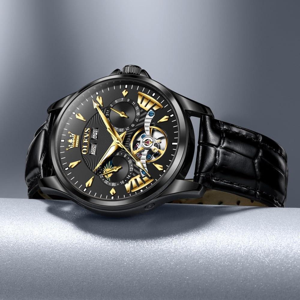 OLEVS Automatic Men’s Wristwatch Multi-Calendar Moon Phase 3 ATM Waterproof Business Classic Luxury Black-A Dial Retro